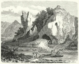Prehistoric men fishing with nets