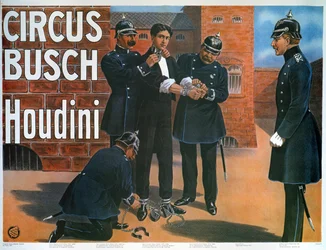 Reproduction of a poster of 1907 showing Houdini prior to an escape from a German prison