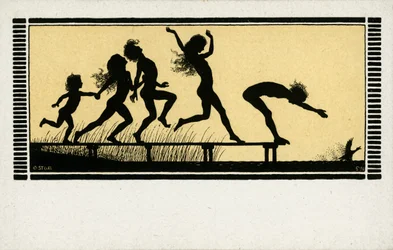 Silhouette of Children Diving into a Lake