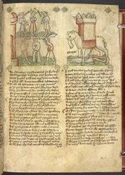 King Codrus gives himself up to be killed for his people, and Eleazar Maccabeus stabbing the elephant and being crushed by it, from 