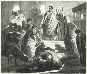 Tarquinius Superbus assassinating his father-in-law, Servius Tullus, to claim the Roman throne (engraving)