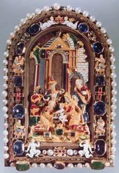 The Adoration of the Kings, Relief Plaque Framed with Miniature Figures of the Four Evangelists and Putti Alternating with Sapphires, from Munich