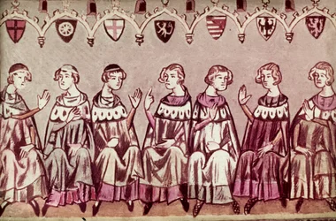 The Seven Prince Electors electing Henry VII, Holy Roman Emperor, illustration from the Chronicle of Henry VII (Balduineum) 1341
