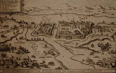 The Siege of Zolnock by the Turks in 1552, illustration from a book on the Ottoman campaigns in Europe, engraved by Paul Furst