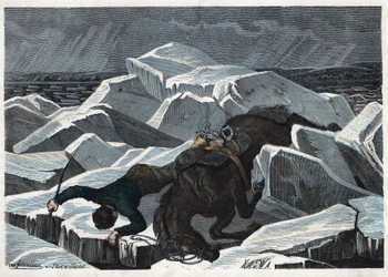 The fall of Count Sandor and his horse on the broken ice of the Danube. In 