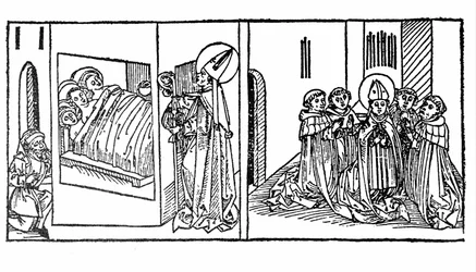 The Life of Saint Nicholas Awakened. Engraving from “Leben der Heiligen - Sommerteil” (The Book of the Saint) by Jacobus (James) of Voragine (1228-1298). Lubeck 1488