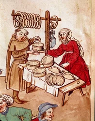Trade: a bread dealer. Miniature from the "Chronicle of the Council of Constance" by Ulrich Richental (1360-1437), approximately 1438. Prague, National Library