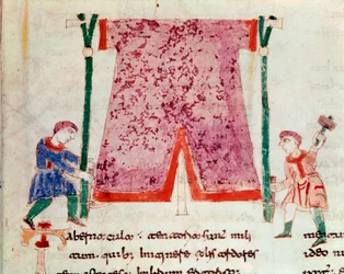Two men standing by a tent. Miniature taken from the manuscript De Universo or De rerum naturis (From the Nature of Things) by Rabanus Maurus Magnentius (ca. 780-856). 9th century
