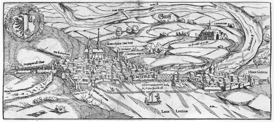 View of Geneva (from Cosmographie Universelle by Sebastien Munster, published 1559)