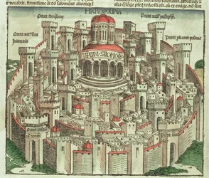 View of the walled city of Jerusalem showing the Temple of Solomon and the city gates