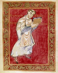 The Monk Ruodprecht Takes the Manuscript to the Archbishop Egbert of Trier. Miniature of the Codex of Egbert by the school of Reichenau. Cividale del Friuli, Museo Archeologico or Cathedral of Cividale