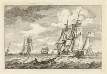 Brig and Other Ships on a Broad Waterway (Various Boats on the Waves)