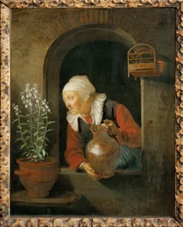 Old Woman at the Window, Watering Her Flowers