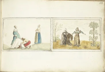 Gentleman Tying a Shoe and Hermit Offering a Cloak