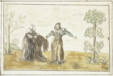 Hermit Giving a Lady His Cloak