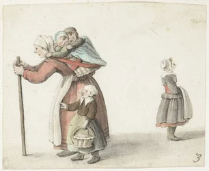 Woman with Two Children in a Carrying Basket