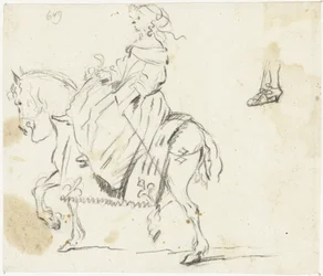 Woman on Horseback, Seen from the Side, with Sketch of a Lower Leg and Foot
