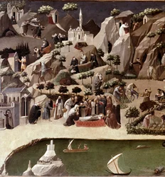 The Thebaid of the Hermits, detail. Description of the life of hermits in the desert. Attributed to Gherardo Starnina (14th-15th century). About 1400. Dimensions 2 x 0.8 m. Florence, Galleria degli Uffizi