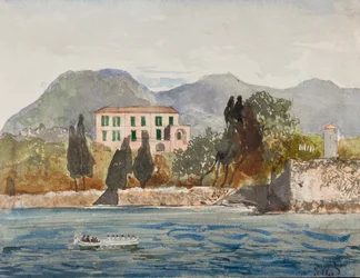 Rowing barge with the Borbone flag approaching a large house on the Neapolitan coast, with additions by Prince Gaetano Maria Federico di Borbone