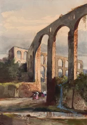 Women beneath the Roman aqueduct at Maddaloni, with additions by a Borbone pupil, possibly Princess Maria Annunziata di Borbone (1843-1871)