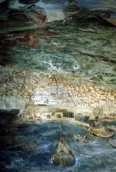 In 1669 the City of Catania (Sicily) was Devastated by the Eruption of Etna. Painting by Giacinto Platanio. Sacristy of the Duomo of Catania