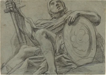 Seated Warrior Holding a Sword and Shield