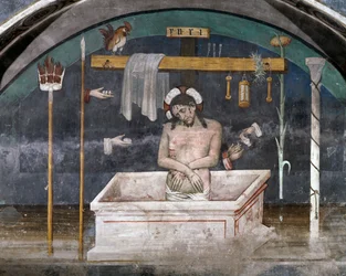 Christ surrounded by symbols of Passion, fresco by Giacomo Jaquerio, abbey of St Anthony of Ranverso, Buttigliera Alta, Piedmont, Italy