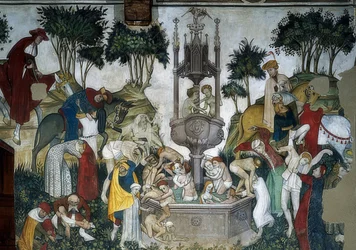 The Fountain of Youth. Detail: Arriving people and people bathing in the fountain. 1418-30
