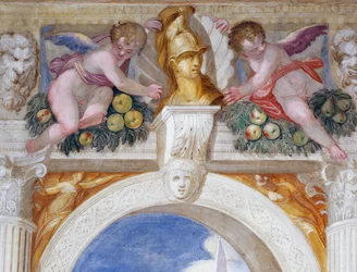 Putti with Bust of a Hero Among Mascarons and Fruit Festoons