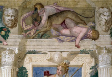 Putti with a Greyhound and Mascarons
