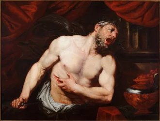 The Suicide of Cato of Utica (Marcus Porcius Cato Uticensis or Cato the Younger) (95-46 BC), Roman politician. Painting by Giambattista Langetti (1621-1676), dimensions 93 x 123 cm, Genoa, Musei di Strada Nuova