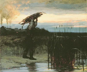 Man Carrying Sticks at Dusk