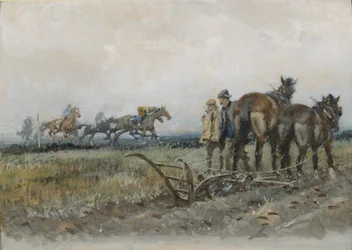 Racehorses at Exercise Watched by Ploughmen