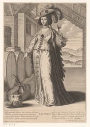 Lady with a Glass of Wine by Wine Barrels, Overlooking a Vineyard (Autumn) (Four Seasons)