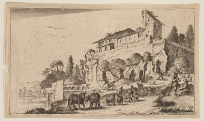 Villa Incorporating Ruins on a Rise to Right of River, from Twelve Landscapes