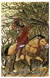 A representation of Absalom, the son of David, in the forest of Ephraim, his hair is taken in the branches of an oak.