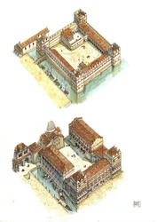 Aerial view of the phases of construction of the Doge