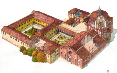 Aerial view of the church Santa Maria delle Grazie, founded in 1463 by the Dominicans, in Milan, Italy. In the refectory is visible the Last Supper by Leonardo da Vinci.