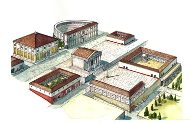 Ancient Rome: Reconstruction of the Center of Naples with the Amphitheatre and Temple, Italy