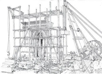 Ancient Rome: reconstruction of a construction site of an arch in the 1st century AD. The workers hoist the marble blocks with scaffolding and pulleys. Illustration by Giorgio Albertini.