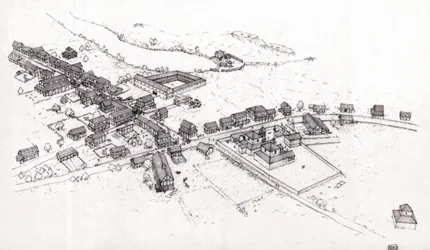 Ancient Rome: Reconstruction of a Village in Roman Britain (Britannia) in the 2nd Century, Illustration by Giorgio Albertini