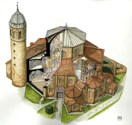 Byzantine Art: Representation of the Basilica of St. Vital in Ravenna, 5th Century, Aerial View, Italy, Illustration by Giorgio Albertini