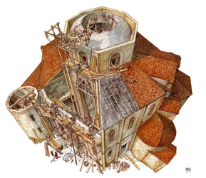 Byzantine Art: Construction Site of the Basilica of St. Vital in Ravenna, 5th Century, Aerial View, Italy, Illustration by Giorgio Albertini