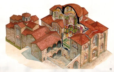 Byzantine art: view and architectural section of the monastery of Hosios Loukas, built in the 11th century, Greece.