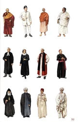 Costumes and Dresses of Members of the Clergy of Different Religions: Buddhist Monk, Orthodox, Cardinal, Protestant Pastor