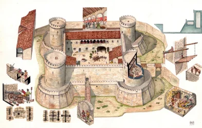 Detail aerial view of the Aragonese castle of Venosa, built by Pirro del Balzo in 1470, near Potenza, Italy. Detail views show prisoners in cells and soldiers in defense positions.