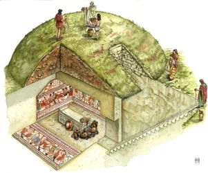 Etruscan civilization: reconstruction and section of the Tomb of Triclinium, necropolis of Tarquinia, 5th century BC, Italy. Illustration by Giorgio Albertini.