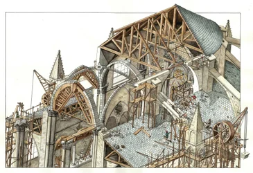Gothic Art: Reconstruction of the Construction Site of a Gothic Cathedral, Workers on Scaffolding Using Pulleys, 13th Century, Illustration by Giorgio Albertini