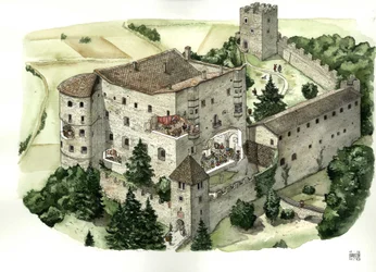 Medieval Architecture: View of the Castle of Pergine. Illustration by Giorgio Albertini