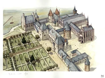 Middle Ages: aerial view of the Concierge Palace in Paris as it was in the 15th century, when it became a prison.